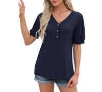 AMDOLE Camiseta de mujer con cordón, manga corta, cuello en V, color sólido, de un solo pecho, informal, a la moda, elegante, azul, XXL