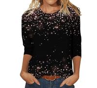 AMDOLE Camiseta de mujer con estampado diario de lentejuelas con cuello redondo, manga siete cuartos, estampado floral suelto, azul oscuro, M