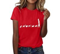 AMDOLE Camiseta de mujer con estampado humano y animal, camiseta de manga corta, cuello redondo, camiseta de moda, ligera, suave, informal, ropa de verano, blusa para mujer, rojo, XL