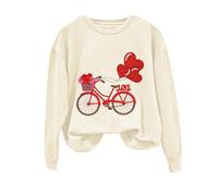 AMDOLE Camiseta de San Valentín para niña, informal, día de San Valentín, ciclismo, globo de amor, estampado de rosas, manga larga, tops de moda para mujer 2024, beige, L