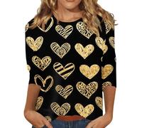 AMDOLE Camiseta de San Valentín para niñas, moda casual, estampado de San Valentín, manga 3/4, cuello redondo, camiseta de moda para mujer 2024, Negro , L
