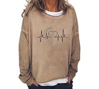 AMDOLE Camiseta de talla grande para San Valentín Cuello redondo suelto, manga larga, dobladillo enrollado, suelto e informal de manga larga Tops de moda para mujer 2024, caqui, XXL