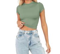 AMDOLE Camiseta de tirantes corta para mujer, informal, informal, de manga larga, cuello redondo, para mujer, Rojo sandía, L