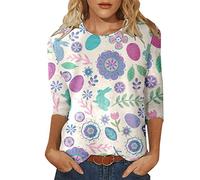 AMDOLE Camiseta informal con estampado de Pascua con cuello redondo y manga tres cuartos para mujer, blusa elegante, Blanco, L