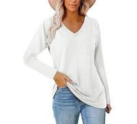 AMDOLE Camiseta para mujer, verano, verano, cuello en V, suelta, manga larga, camiseta de fondo sólido, pendientes de Navidad, Blanco, XL