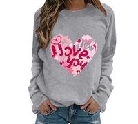 AMDOLE Camisetas de San Valentín para niñas Sudadera de manga larga Casual O Cuello Blusa Suéter Suéter Suéter de moda para mujer 2024, gris, XL