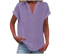 AMDOLE Camisetas de verano para mujer, de algodón y lino, manga casquillo, con botones, cuello en V, túnica a la moda, holgada, lisa, casual, blusa de moda, Morado-1, L