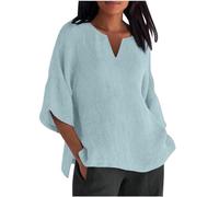 AMDOLE Camisetas deportivas para mujer de verano de 7 mangas, cuello en V, monocolor, suelto, camiseta informal, camiseta envolvente, azul claro, M