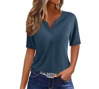AMDOLE Camisetas deportivas para mujer Tops de verano para mujer 2024 vacaciones de moda con cuello en V Boho camisas de manga corta casual sueltas cómodas túnica ropa de satén top mujer, azul, 3XL