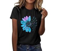AMDOLE Camisetas deportivas para mujer y mujer, camiseta de verano de girasol, talla grande, camiseta holgada, tops para niñas, manga corta, gráfico, informal, camiseta negra, Negro , XL