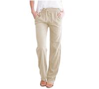 AMDOLE Casual elástico lino recto algodón mujeres largo y pantalones cintura pantalones mujer holgado, beige, 3XL