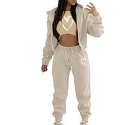 AMDOLE Chándal casual para mujer para mujer, para invierno, parte superior, chaleco, pantalones, sudadera de color sólido con cremallera y capucha, pantalones informales de tres piezas, caqui, S