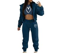 AMDOLE Chándal casual para mujer para mujer, para invierno, parte superior, chaleco, pantalones, sudadera de color sólido con cremallera y capucha, pantalones informales de tres piezas, marine, S