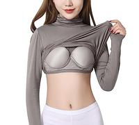 AMDOLE Crop Tops - Camiseta de manga larga para mujer, monocolor, acolchada, cuello alto, camiseta de maternidad, gris oscuro, 3XL