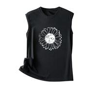 AMDOLE Crop tops mujer verano sin mangas cuello redondo estampado girasol camisetas sin mangas camisetas casuales top mujer blusa sin mangas con encaje, Negro , L