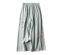 AMDOLE Culottes de mujer, mezcla de lino, pierna ancha, cintura elástica, pantalones casuales palazzo con bolsillos, pantalones capri rojos para mujer, verde, M