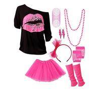 AMDOLE Damen Freizeit Karneval Party Fischernetz Kurzarm Ohrringe Halskette Bein Set Handschlaufe Brille Stirnband Sieenteiliges Set Enges Oberteil Damen Langarm, Rosa intenso., S