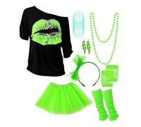 AMDOLE Damen Freizeit Karneval Party Fischernetz Kurzarm Ohrringe Halskette Bein Set Handschlaufe Brille Stirnband Sieenteiliges Set Enges Oberteil Damen Langarm, verde, L