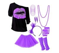 AMDOLE Damen Freizeit Karneval Party Fischernetz Kurzarm Ohrringe Halskette Bein Set Handschlaufe Brille Stirnband Sieenteiliges Set Enges Oberteil Damen Langarm, morado, S