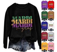 AMDOLE Disfraces de carnaval para mujer, camiseta larga con estampado de letras y cuello redondo, jersey retro para mujer, Negro , M