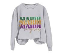 AMDOLE Disfraces de carnaval para mujer, camiseta larga con estampado de letras y cuello redondo, jersey retro para mujer, gris, M