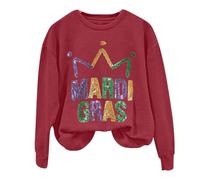 AMDOLE Disfraces de carnaval para mujer Mardi Camiseta larga con estampado de letras y cuello redondo Jersey noruego, Vino, S