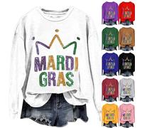 AMDOLE Disfraces de carnaval para mujer Mardi Camiseta larga con estampado de letras y cuello redondo Jersey noruego, Blanco, S