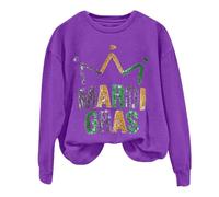 AMDOLE Disfraces de carnaval para mujer Mardi Camiseta larga con estampado de letras y cuello redondo Jersey noruego, morado, L