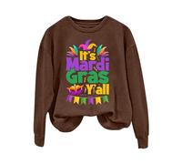 AMDOLE Disfraces de carnaval para mujer Mardi Yall - Camiseta larga con estampado de letras y cuello redondo, aspecto de capas, tallas grandes, marrón, S