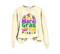 AMDOLE Disfraces de carnaval para mujer Mardi Yall - Camiseta larga con estampado de letras y cuello redondo, aspecto de capas, tallas grandes, beige, XL