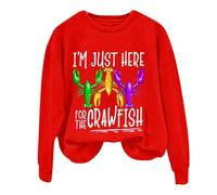 AMDOLE Disfraz de carnaval para mujer, con texto "I'm Just Here for The Crawfish", camiseta de manga larga con estampado y cuello redondo, rojo, M