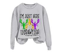 AMDOLE Disfraz de carnaval para mujer, con texto "I'm Just Here for The Crawfish", camiseta de manga larga con estampado y cuello redondo, gris, XXXL