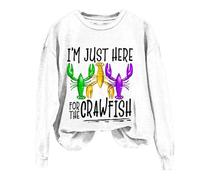 AMDOLE Disfraz de carnaval para mujer, con texto "I'm Just Here for The Crawfish", camiseta de manga larga con estampado y cuello redondo, Blanco, XL