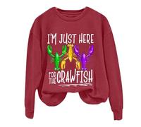 AMDOLE Disfraz de carnaval para mujer, con texto "I'm Just Here for The Crawfish", camiseta de manga larga con estampado y cuello redondo, Vino, XXL