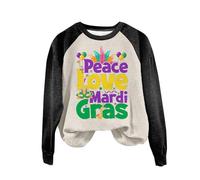 AMDOLE Disfraz de carnaval para mujer, sudadera con texto en inglés "Peace Love Mardi", camisetas de corazón para San Valentín, camiseta de manga larga, sudadera para mujer, talla 46, Negro , XL