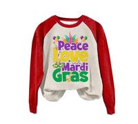 AMDOLE Disfraz de carnaval para mujer, sudadera con texto en inglés "Peace Love Mardi", camisetas de corazón para San Valentín, camiseta de manga larga, sudadera para mujer, talla 46, rojo, M