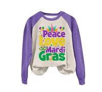 AMDOLE Disfraz de carnaval para mujer, sudadera con texto en inglés "Peace Love Mardi", camisetas de corazón para San Valentín, camiseta de manga larga, sudadera para mujer, talla 46, morado, M