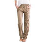 AMDOLE Elástico con cordones de cintura fija pantalones largos de lino algodón mujeres y pantalones rectos casuales pantalones de las señoras, caqui, M