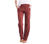 AMDOLE Elástico con cordones de cintura fija pantalones largos de lino algodón mujeres y pantalones rectos casuales pantalones de las señoras, Vino, M
