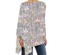 AMDOLE Elegante parte superior para mujer, a rayas, con estampado de purpurina, informal, suelto, de manga larga, para mujer, cuello redondo, blusa para mujer, plata, M