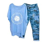 AMDOLE Falda de pantalón largo para mujer, moda informal, estampados, camisa de cintura alta, bolsillo suelto, pantalones, conjunto de pantalones sueltos y pantalones sueltos para mujer, azul, M