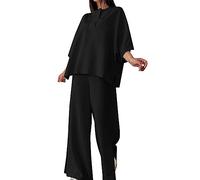 AMDOLE Falda pantalón larga para mujer, informal, conjunto de verano con riñonera, parte superior con media manga, cuello en V y pantalones de pierna ancha, pantalones de exterior para mujer, Negro