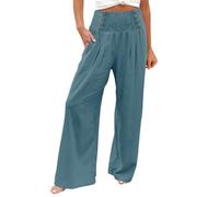 AMDOLE Hiking Trousers - Pantalones de lino para mujer, cómodos pantalones holgados de pierna ancha, pantalones de verano flowy-Palazzo de playa de cintura alta y bolsillos Pantalones para mujer, azul