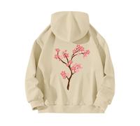 AMDOLE Jersey de mujer con estampado floral trasero y bolsillo con capucha con cordón ligero y copos de nieve ligeros, beige, XL