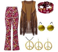 AMDOLE Juego de 6 piezas para mujer, carnaval de los años 70, hippie, ropa retro, chaleco de borla + pantalón, pañuelo para la cabeza, pendientes, gafas, collar, pantalones holgados, Vino, XL