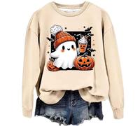 AMDOLE Medias de Halloween para mujer, sudadera informal a la moda, sin capucha, para mujer, con Halloween, ropa fresca para niñas, beige, S