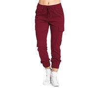 AMDOLE Mujer Multi Pocket Cargo Pantalones Casual Cintura Elástica Corsé Pantalones de Cuerda Pantalones al Aire Libre Para Mujer, Vino, S