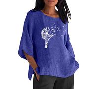 AMDOLE Mujer Tops Elegante Túnica para Mujeres Verano Algodón Lino Top Moda Plus Talla Camiseta Cuello Redondo Media Manga Larga Jacquard Blusas sueltas Túnica Camiseta Blusa Larga Mujer, azul, L