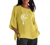 AMDOLE Mujer Tops Elegante Túnica para Mujeres Verano Algodón Lino Top Moda Plus Talla Camiseta Cuello Redondo Media Manga Larga Jacquard Blusas sueltas Túnica Camiseta Blusa Larga Mujer, amarillo, M
