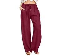 AMDOLE Mujeres Casual Color Normal Pantalones Pantalones Mezcla Algodón Cordón Cintura Elástica Bolsillos Pantalones Largos Pantalones de Pierna Ancha Pantalones Mujer Baggy, Vino, XXL